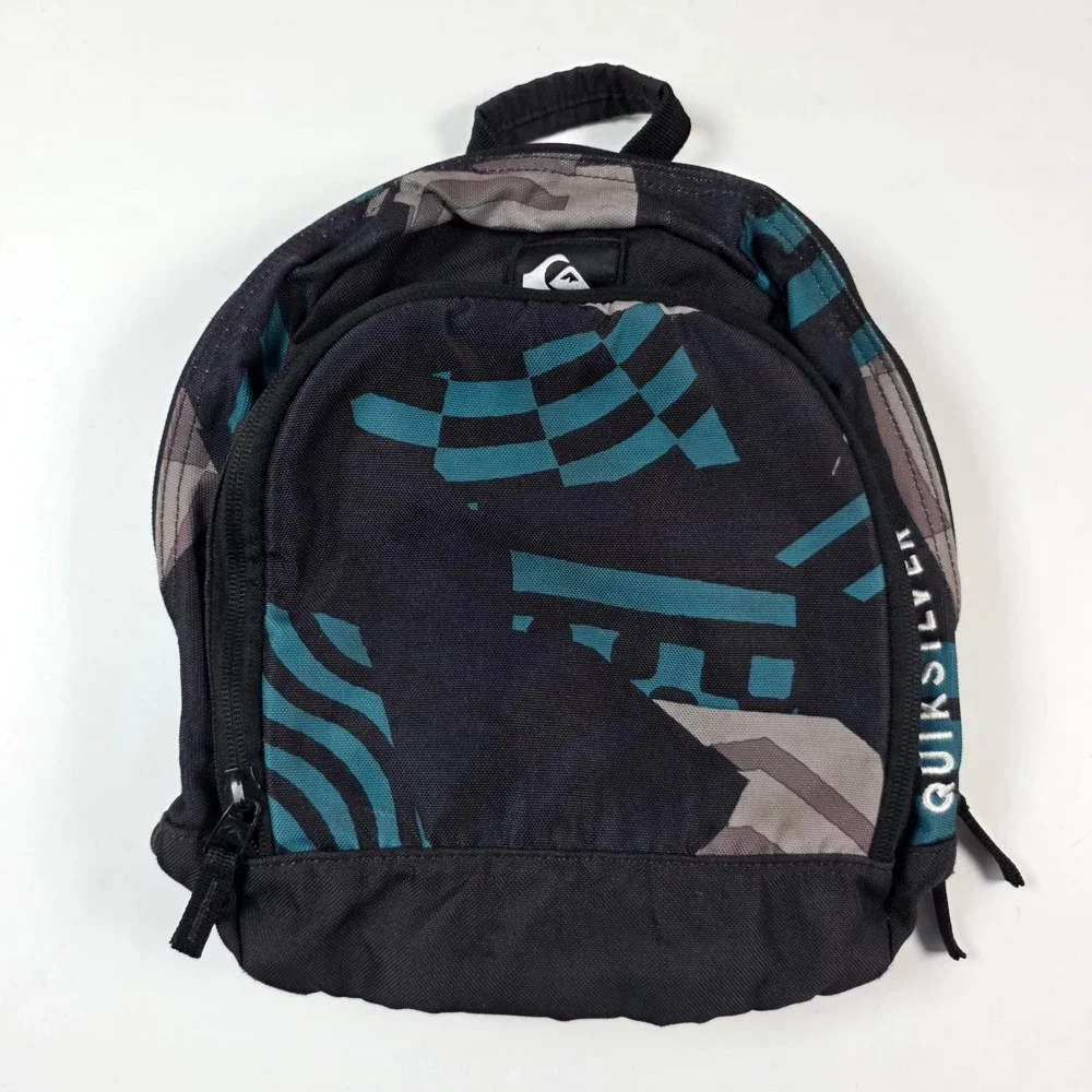 Quiksilver Mini Backpack Mens Womens Small Black Teal Abstract Print Skate Bag